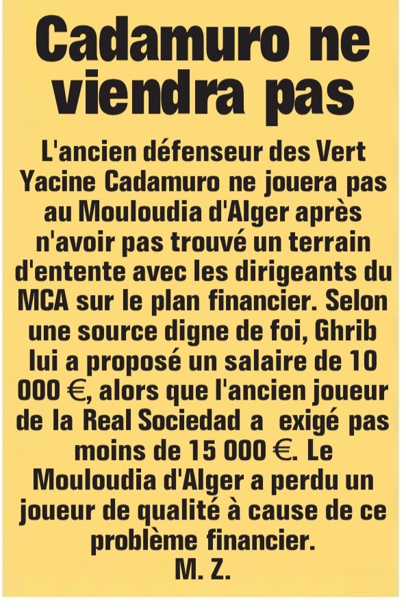 Cadamuro l'international ne viendra pas