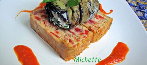 Pain de tomates du jardin, roulé d'aubergine ricotta et anchois