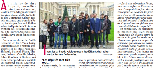 Cassis : Les délégués des classes de 3e en visite à l'Assemblée nationale