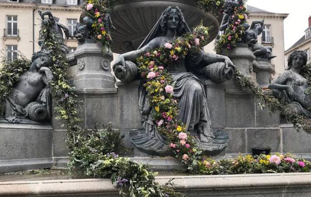 Place Royale, des fleurs qui se déversent en fontaine.
