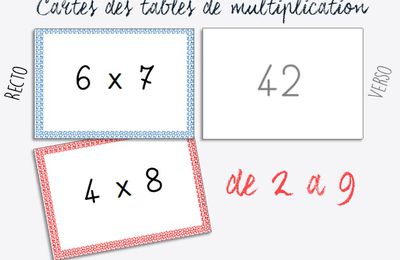 Cartes des tables de multiplication de 2 à 9 