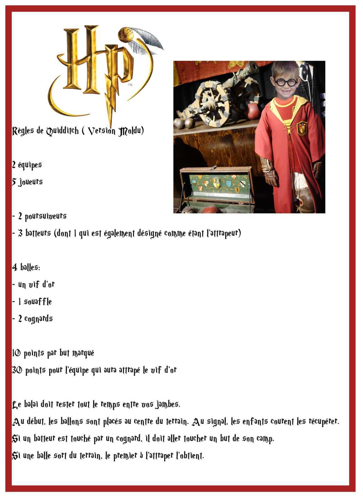 Règles de quidditch pour tournoi lors d'un anniversaire Harry Potter gratuit à imprimer