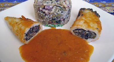 Calamar farci aux blettes, gâteau de riz aux légumes
