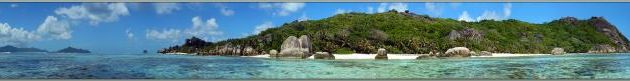 Panorama 3D interactif et musical de Anse Source d'Argent vue de la mer - La Digue - Seychelles 