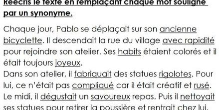 Les synonymes - activité texte cycle 3