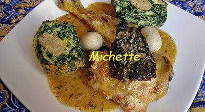 Poulet aux morilles, boudin blanc et son flan de blette
