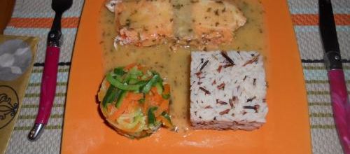 Saumon sauce oseille / 3 riz / tagliatelles de légumes