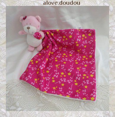 Doudou Ours SHIMA Rose Et Blanc Avec Mouchoir Etoiles zzz