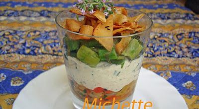 Verrine aux 2 poivrons, crème aux deux fromages, asperge, tagliatelles de crêpe