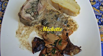 Faisane désossée farcie, gâteau de p de terre, artichauts, cèpes, jus avec la carcasse