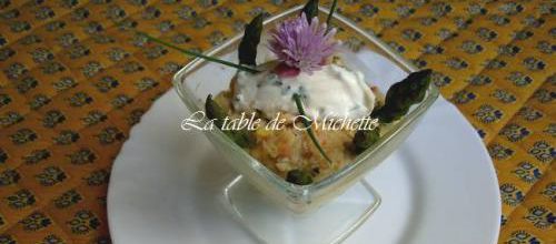 Verrine à la crème d'asperge et au crabe, sauce sabayon