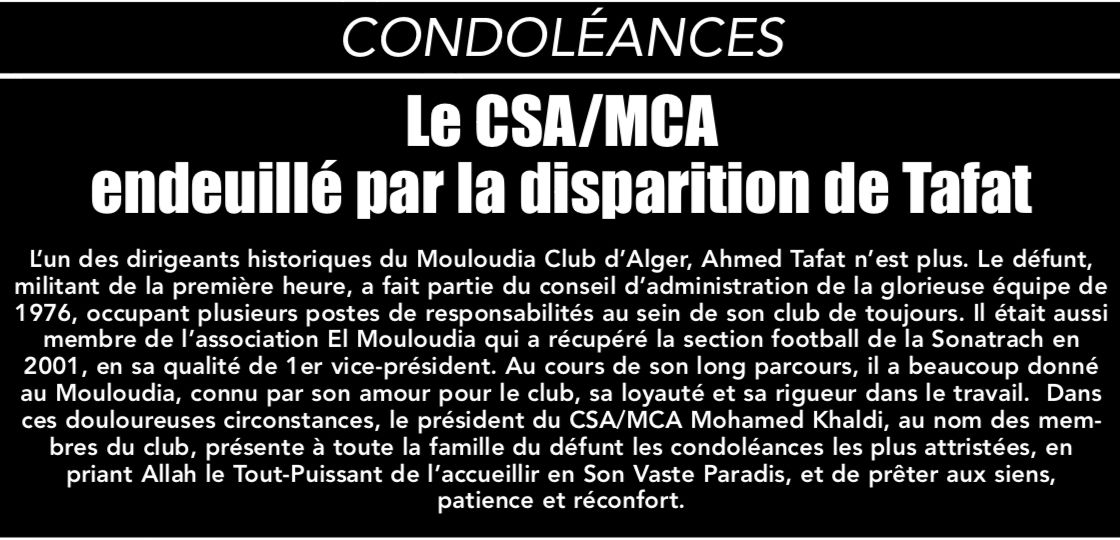 Dimanche 22 Sepembbre 2024 Décès de Tafat Ahmed ancien Secrétaire du MCA des années 60 et 70