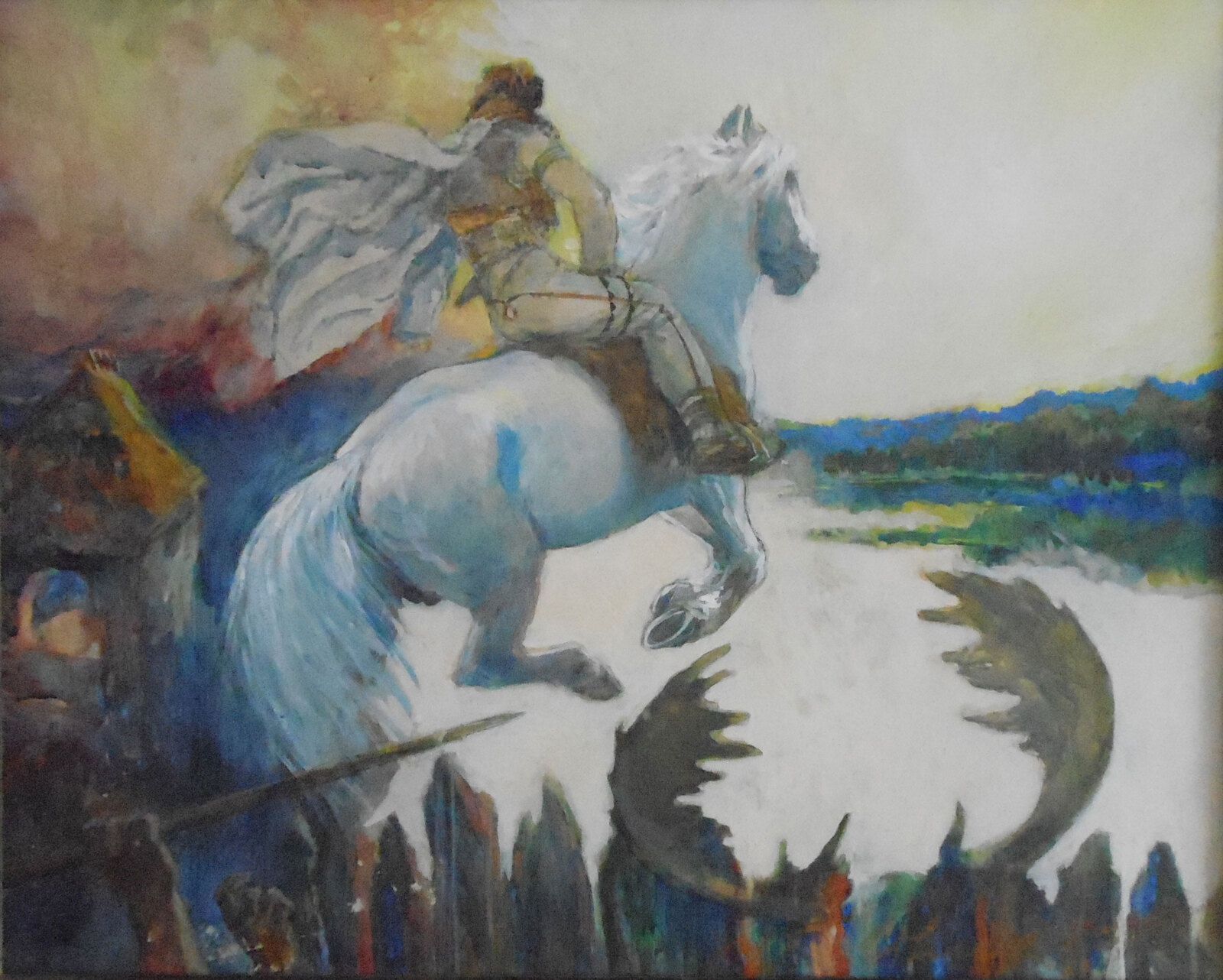 Šemík lors du saut qui sauva son cavalier Horymír, un noble pauvre, de sa condamnation à mort. Peinture de Oldřich Cihelka.jpg
