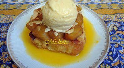 Brioche perdue, ananas caramélisé, glace à la vanille, coulis acidulé