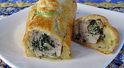 Feuilleté de filet mignon farci à la moutarde et au vert de blette, sauce légère.