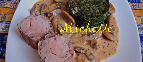 filet mignon sauce madère, gâteau d'épinards et champignons