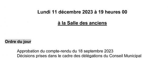 Ordre du jour du conseil municipal du 11 décembre 2023