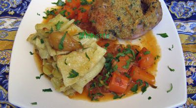 Jarret de veau de lait en croûte d'agrumes, gratin de pâtes, légumes
