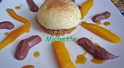 Parfait à la passion, dés de pain d'épices, chantilly cannelle-cacao, mangue