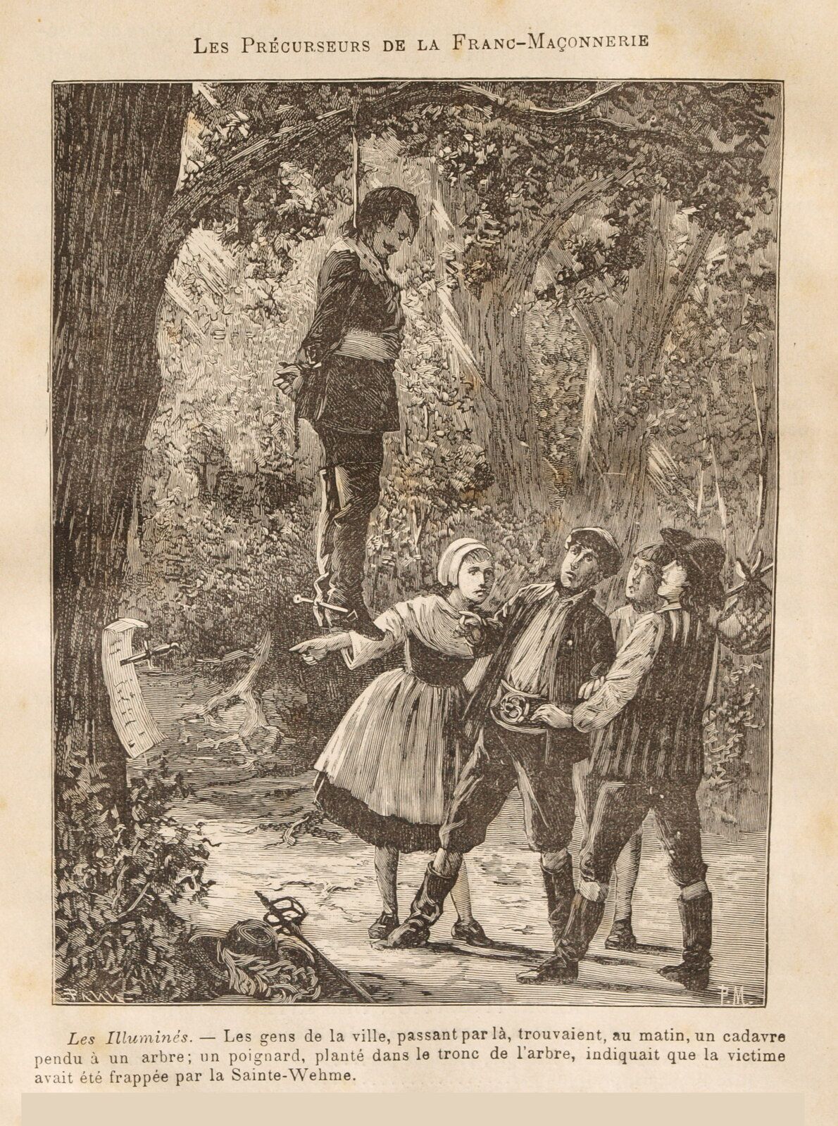 Sociétés secrètes Victime de la société secrète de la Sainte-Vehme, dessin de Pierre Méjanel (vers 1886).jpg