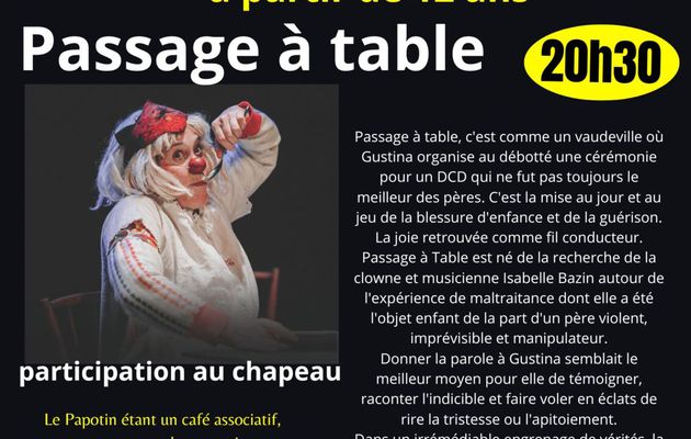 Vendredi 18 avril 20h30 au Papotin, St Vincent, solo de clown/théâtre (à partir de 12 ans) 