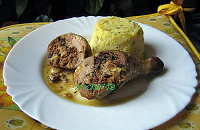 Cuisse de pintade désossée, blancs farcis, gâteau p de terre, blette et mozarella