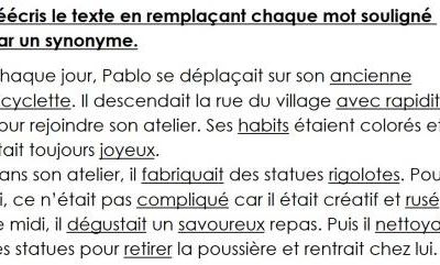 Les synonymes - activité texte cycle 3