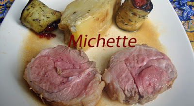 Selle d'agneau, gâteau de p de terre à la crème d'ail, roulé d'aubergine
