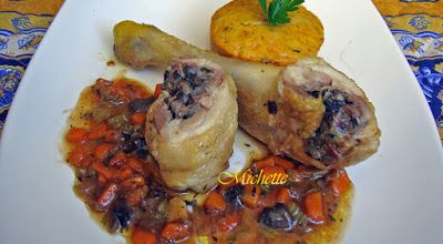 Cuisse de poulet désossée farcie, petits légumes, flan de potiron