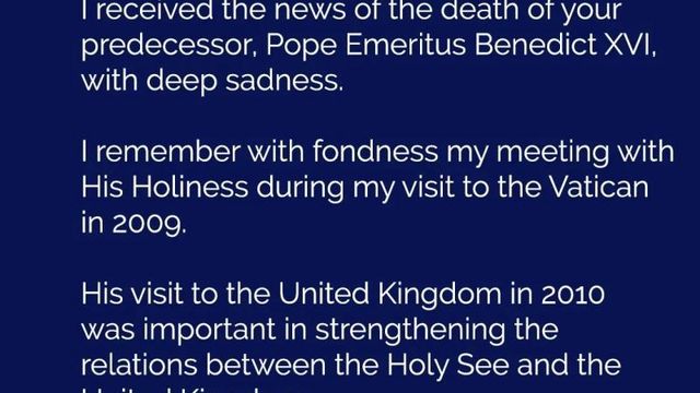 Message du roi Charles III à l'occasion du rappel à Dieu du pape Benoît XVI