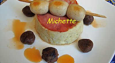 Boudin blanc, marron, caramel de cidre, bacon et purée de céleri rave